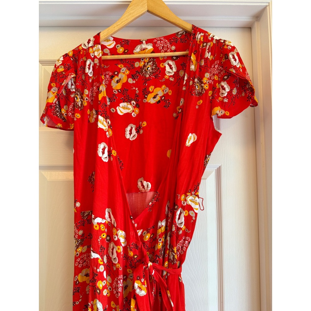 Free People Wrap Dress Women Large Red Floral Flutter Sleeve V-Neck Maxi Boho - Picture 3 of 9